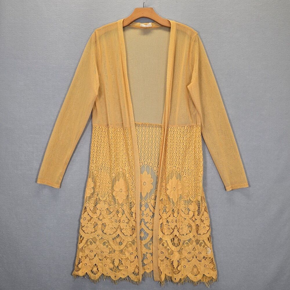 Ember Woman’s Maxi Long Lace Boho Duster Cardigan Mustard Size M
